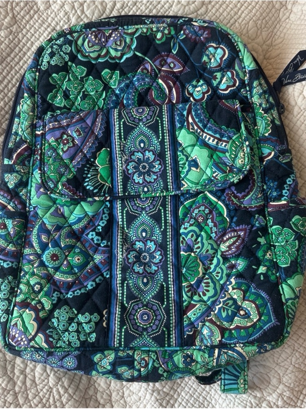 Vera Bradley Navy, Green and Teal Floral Paisley Quilted Backpack